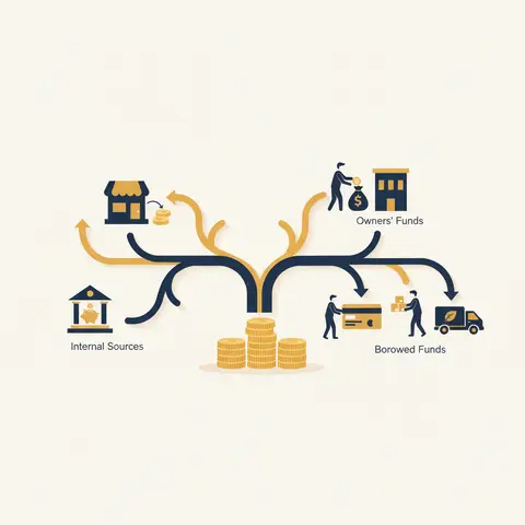 Tree diagram showing business capital splitting into internal sources (retained earnings) and external sources (owners' funds and borrowed funds including bank loans, trade credit, and leasing)