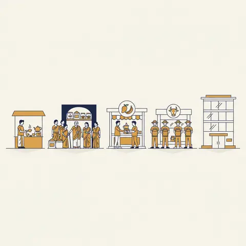 Five adjacent business scenes illustrating the five forms of business organisation: sole proprietorship tea stall, Hindu Joint Family spice warehouse, partnership juice shop, cooperative dairy centre, and a private limited company office.