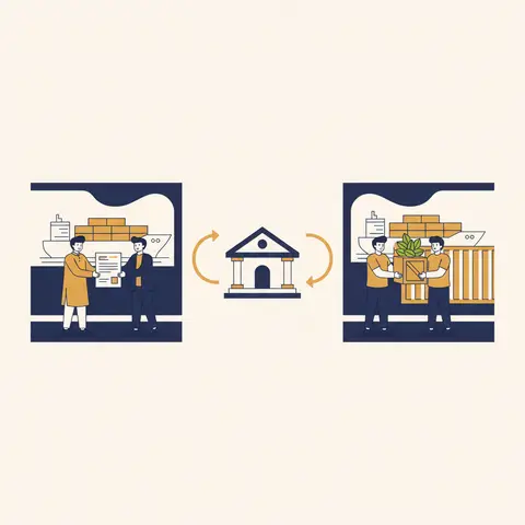 Diagram showing how an Indian exporter, the importer's bank, and a foreign buyer are connected through shipping documents and a Letter of Credit during an international trade transaction.
