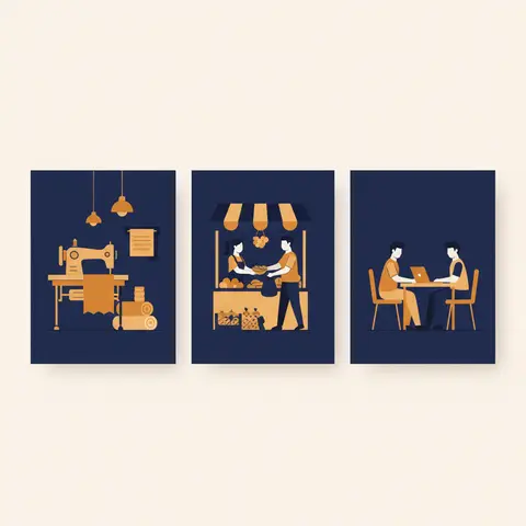 Three zones showing the three types of business activity: a factory for industry, a market stall for commerce, and a service consultation for services.