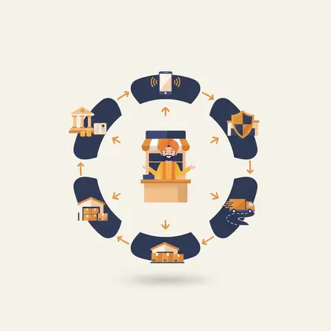 Circular diagram of five business services — banking, insurance, transport, warehousing, and communication — surrounding a small Indian trader at the centre