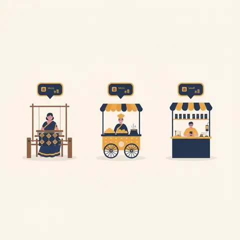 Three small Indian businesses — a handloom weaver, a street food vendor, and a mobile repair stall — each labelled with their MSME classification tier (all Micro) and investment range.
