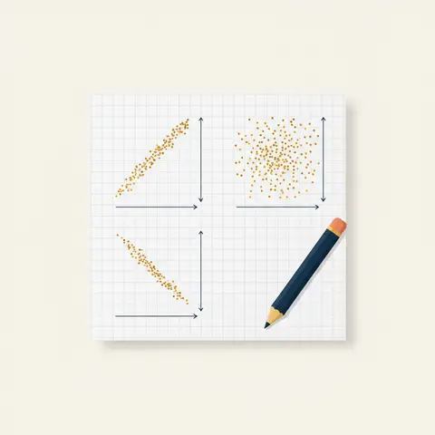 Three scatter diagrams showing strong positive correlation, negative correlation, and near-zero correlation, drawn in a student notebook style.