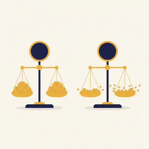 Two weighing scales with the same total weight but coins distributed differently — tightly clustered on the left, widely scattered on the right