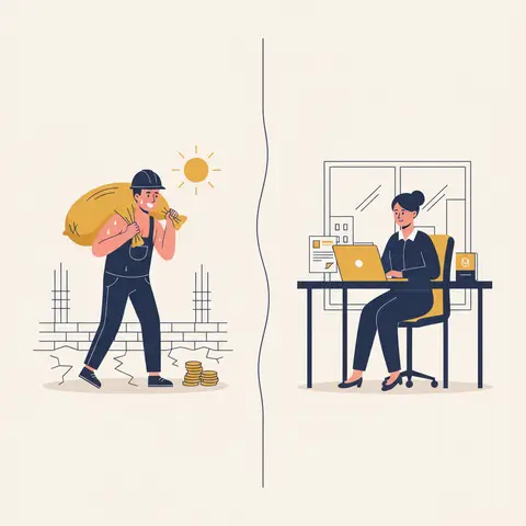 Side-by-side illustration contrasting an informal construction worker paid in daily cash with a formal office worker who receives a payslip and EPF contributions.