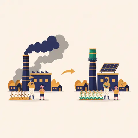 Split illustration showing market failure from pollution on the left and the corrected outcome after a polluter-pays policy on the right.