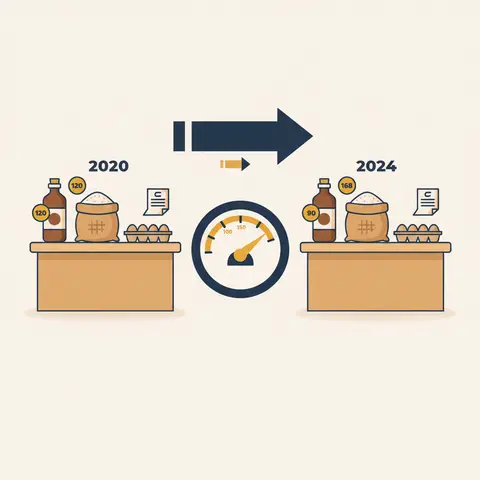 Two shop counters showing the same grocery items with higher prices in 2024 than in 2020, with an index gauge moving from 100 to 150 to illustrate a 50 per cent price rise.
