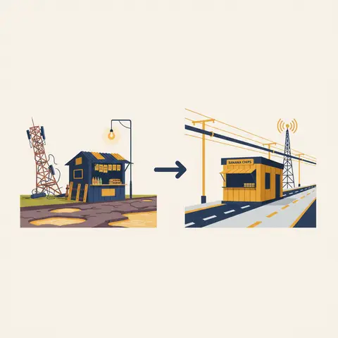 Two-panel illustration contrasting a struggling rural food stall with infrastructure gaps against a thriving industrial estate unit with good roads, power, water, and connectivity.