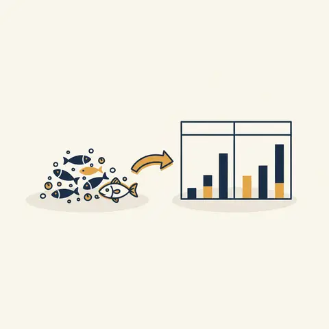 Raw data numbers on the left transforming into an organised frequency distribution table on the right, illustrated with a Kerala fishing theme.