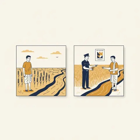 Split illustration showing an Indian wheat farm before and after the Green Revolution — a sparse crop on the left and a thriving irrigated field on the right, representing the impact of planned agricultural investment.