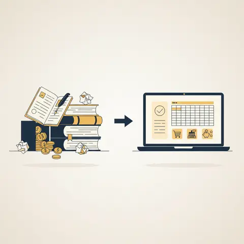 Side-by-side illustration contrasting a messy manual ledger desk with a clean computerised accounting screen showing a filed GST return