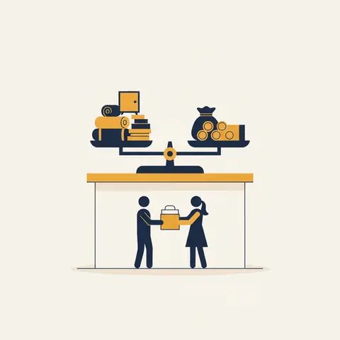 A weighing scale balancing business assets on one side and settled liabilities on the other, with partners receiving the remaining cash below.