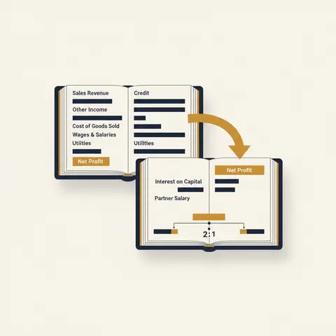 Diagram showing net profit flowing from the Profit and Loss Account into the Appropriation Account, where it is distributed as interest on capital, partner salary, and finally split in the profit-sharing ratio.