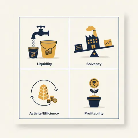 A four-quadrant diagram showing the four families of financial ratios — Liquidity, Solvency, Activity, and Profitability — each illustrated with a simple visual metaphor