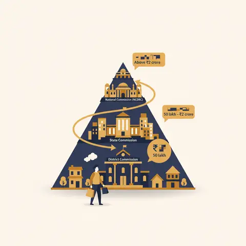 A pyramid showing three tiers of consumer courts in India: District Commission at the base, State Commission in the middle, and National Commission at the top, with rupee thresholds at each level.