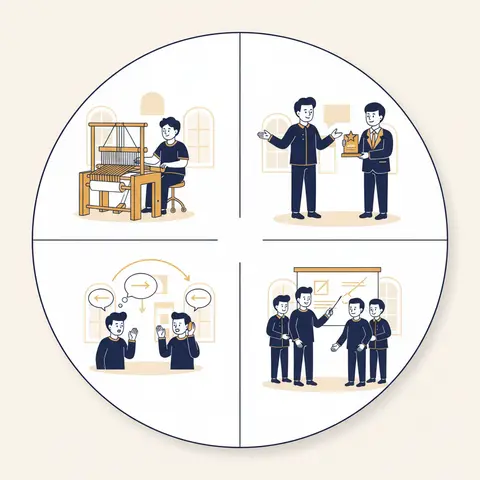 Circular diagram showing the four elements of Directing — Supervision, Motivation, Leadership, and Communication — each illustrated with a small scene from an Indian workplace.