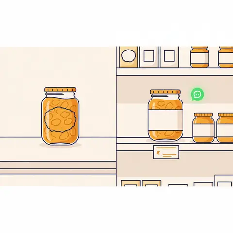 Before-and-after comparison of a home-made pickle jar: unbranded on a kitchen table versus branded on a shop shelf with pricing and a notification, showing the impact of marketing mix decisions