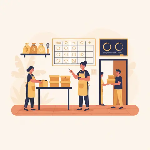 A home bakery scene showing a young woman manager coordinating two helpers with a five-function management planner on the wall