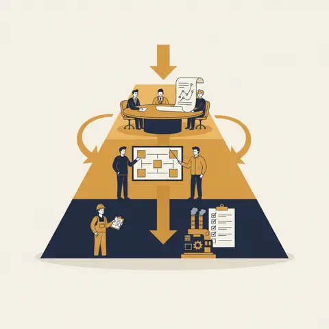 A three-tier pyramid showing strategic, tactical, and operational planning levels with scenes at each level illustrating who does each type of planning