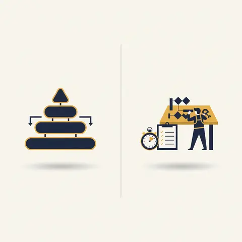 Split diagram: left side shows a management hierarchy pyramid representing Fayol's organisational principles; right side shows a worker at a workbench with a stopwatch representing Taylor's scientific management of individual tasks.