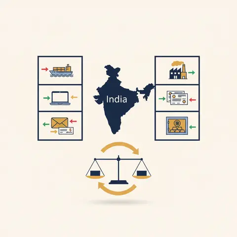 Diagram showing the two accounts of India's Balance of Payments — Current Account and Capital Account — with credits shown as inflows and debits as outflows, all balancing to zero on a scale.