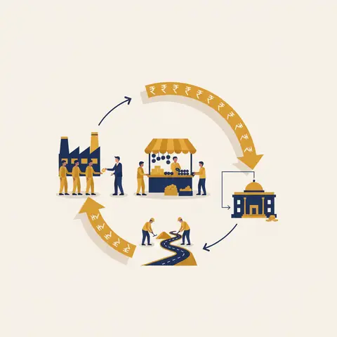 Circular flow of income diagram showing wages flowing from firms to households, spending flowing back to firms, and a government loop for taxes and public expenditure